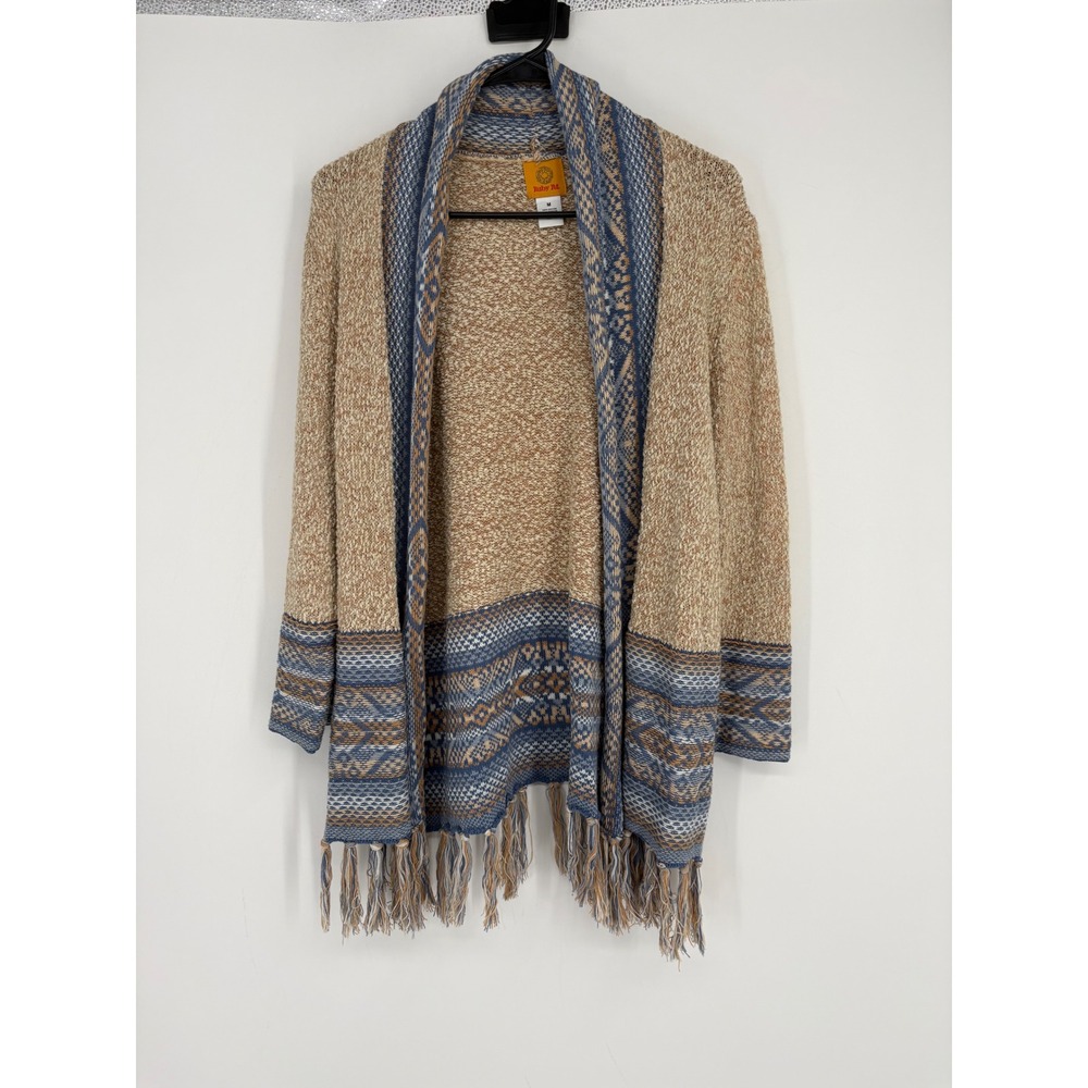 Ruby Rd Cardigan Womens M Tan Blue Boho Fringe Open Front Southwestern Knit